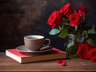 Fototapeta na wymiar Hot cup of fresh coffee on wooden table and stack of books for reading with red rose, AI generator