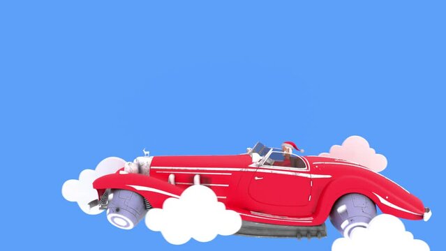 Santa in a car above the clouds, isolated background, 3d render