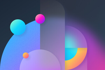 Creative 3D rendering with a glass morphism style, featuring colorful glossy spheres and dynamic geometric shapes against a dark backdrop, with a blurred effect adding depth to the modern abstract bac
