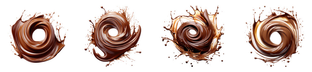 Set of Tempting dessert photography, featuring a decadent chocolate splash on a transparent background. An artful portrayal of mouthwatering sweetness. - obrazy, fototapety, plakaty
