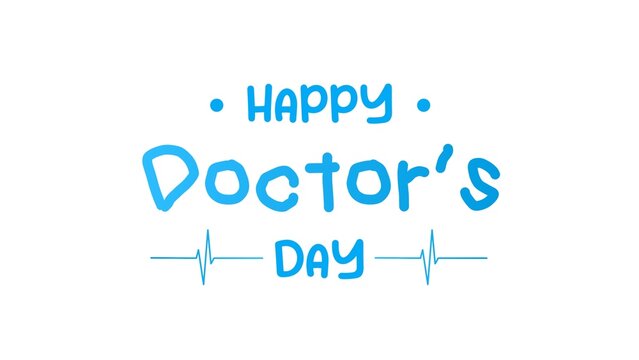 World Doctors Day. Happy doctors day calligraphy or lettering with heartbeat symbol. Blue text isolated on white background.