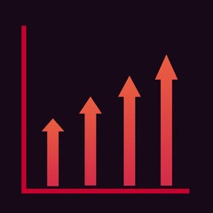 Icon graph with red arrow showing increases isolated on black background. Bar symbol graphic. Illustration