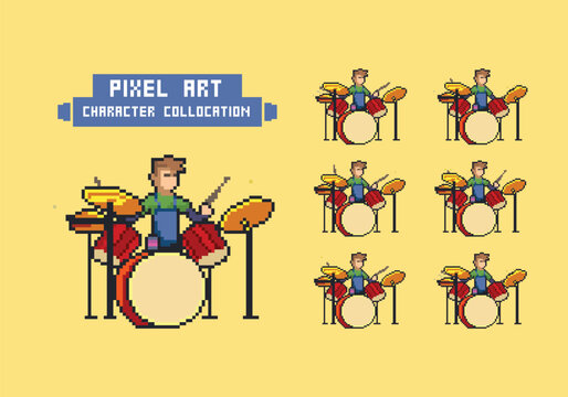 pixel art style illustration vector 8 bit 8-bit character set retro design game aseprite vintage drum player drum animation