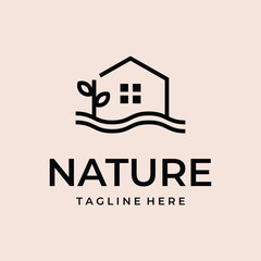 minimal and simple house icon vector logo with beautiful plant tree flower, organic house, cottage forrest design illustration