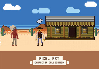 pixel art style illustration vector 8 bit 8-bit character set retro design game aseprite vintage cowboy indian american