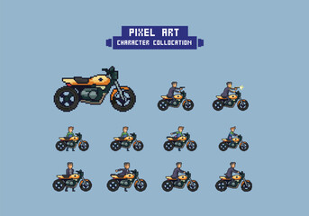 pixel art style illustration vector 8 bit 8-bit character set retro design game aseprite vintage motor motorcycle animation