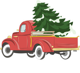 Red old vintage red truck with Christmas tree xmas snow. Pick Up Truck