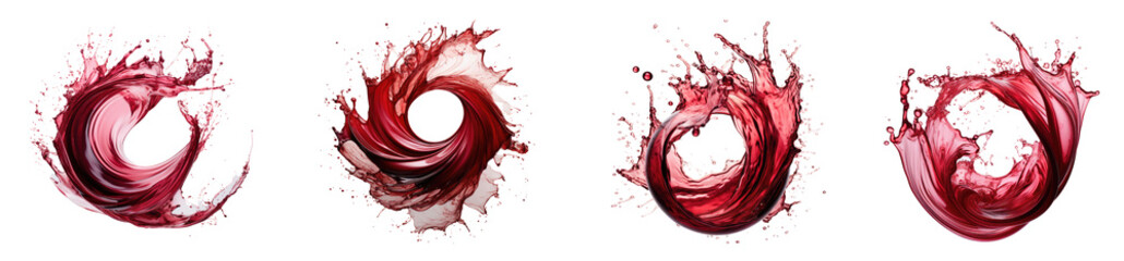 Set of Red wine splash against a transparent background. A realistic and visually striking photograph that captures the essence of a special occasion and fine wine. - obrazy, fototapety, plakaty