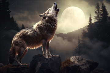 illustration of Gray wolf or grey wolf canis lupus close up and howling at the moon.