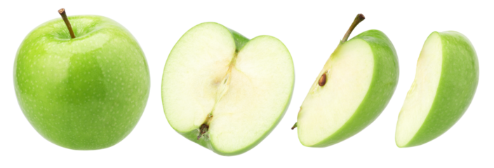 green apple (granny smith apple), half and slice isolated, transparent PNG, collection, PNG format