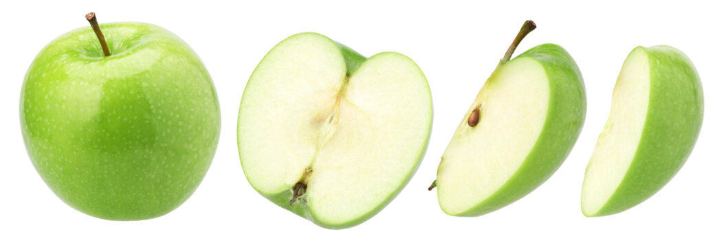 green apple (granny smith apple), half and slice isolated, transparent PNG, collection, PNG format