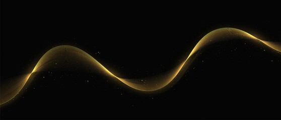 Golden glittering waves on a black background. Magic dust trail. Abstract motion. Magic lines. Shiny color gold wave design element.