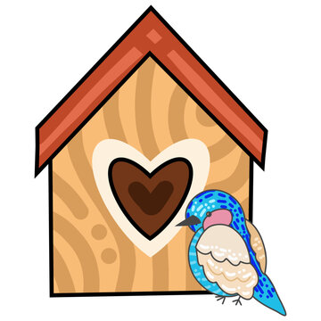 Hand drawn cute bird with house, vector illustration art.