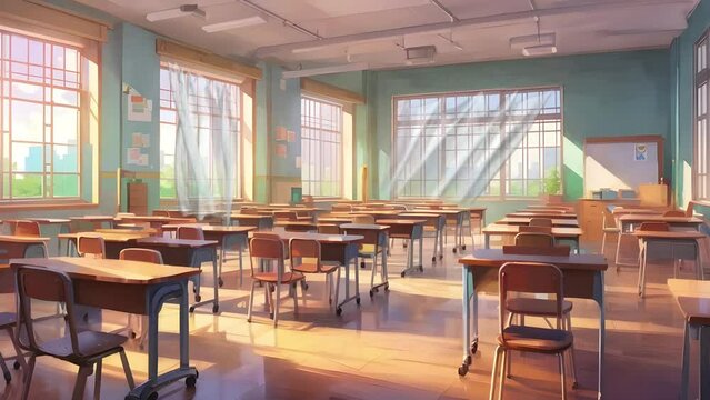 Empty School or University Classroom With neat Desks and Chairs. Cartoon or Anime Watercolor painting Illustration Style, Seamless looping 4K virtual video Animation Background.