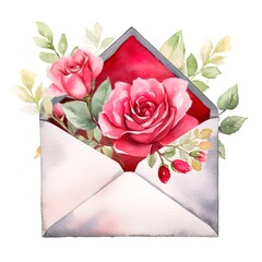watercolor opened envelope with roses flowers and leaves isolated on white background. clipart for greeting card, invitation, wedding decoration