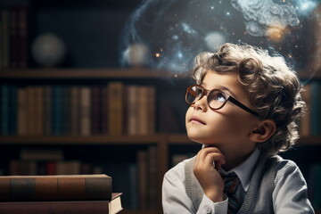 child boy have futuristic idea in his mind - obrazy, fototapety, plakaty