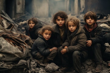 group of dirty children on bombed street - obrazy, fototapety, plakaty