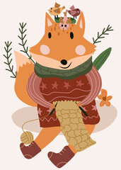 Cute illustration with red fox knitting, funny birds on head, flowers and leaves around. Perfect vector design for posters, greeting cards and various creative projects. Vector.