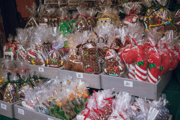 Christmas sweets candies at Christmas Market at Wrocław Market Square(Rynek) , Wroclaw, Silesia, Poland - obrazy, fototapety, plakaty