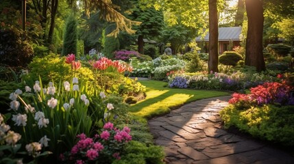 A well-maintained garden with blooming flowers and lush green plants.