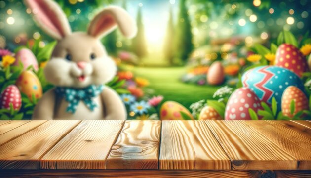 empty wooden table, easter eggs and bunny decoration in green park