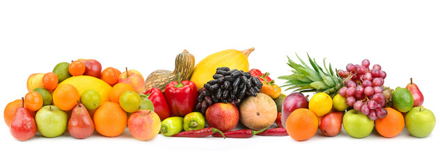 vegetables and fruits isolated on a white background. Collage. Wide photo.