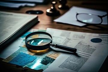Magnifying glass on financial reports. Business concept