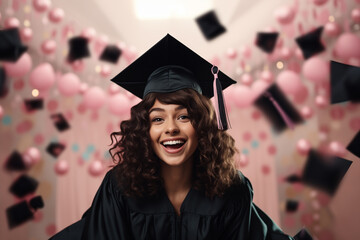 Greeting banner for design of graduation. Young adult woman wearing mortarboard cap and graduation gown with confetti and balloons on background.