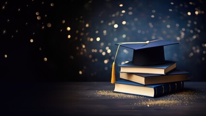 Greeting banner for design of graduation. Stack of books with mortarboard cap on top lying on wooden table. 