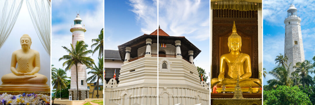Photo collage of sculptures and architectural landmarks of Sri Lanka. Wide photo.