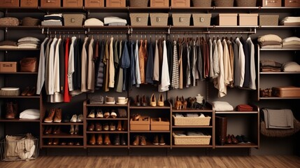 A well-organized closet with neatly arranged clothes and shoes.