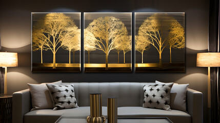 Golden trees at night. Modern canvas art with golden three background. generative ai.