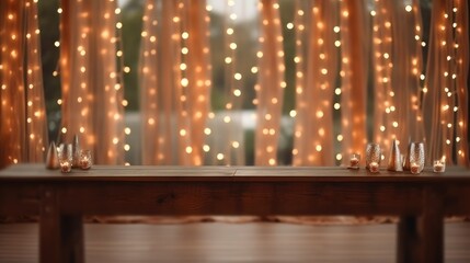 An empty wooden table, against the background of Christmas lights. New year's background