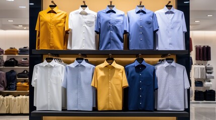 Classic men's shirts in shop boutique. Casual clothing business shop mall.