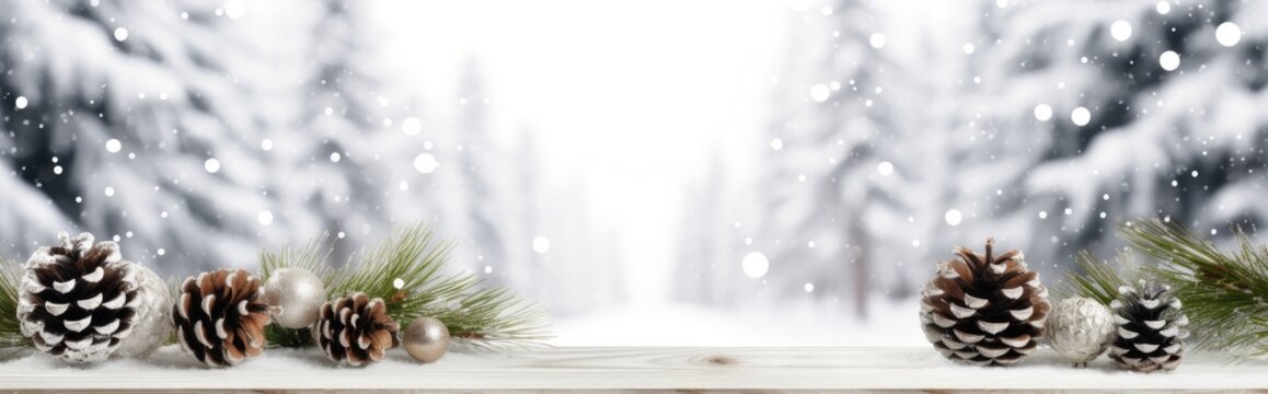 Christmas decorations, christmas tree toys on a wooden table top with a view of the snowy nature