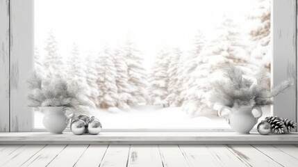 Christmas decorations, christmas tree toys on a wooden table top with a view of the snowy nature