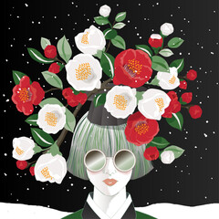Vector illustration of a girl with short hair decorated with Camellia flowers in snowfall winter. 	