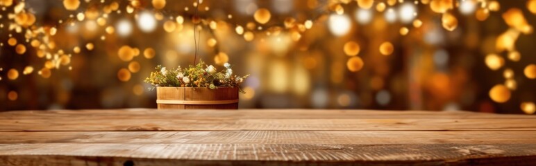 Fototapeta premium Wooden table top on the background of Christmas lights. Bright festive banner, New Year background