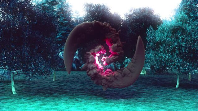 portal magic in a blue forest. appearance of a teleportation portal in a fantasy forest. 3d animation of a teleportation vortex. 3d fantasy scene of a magical vortex in the middle of a tree
