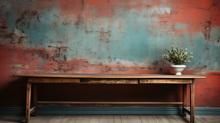 an old rustic untreated table stands in front of a wall with old paint for product presentation and product advertising