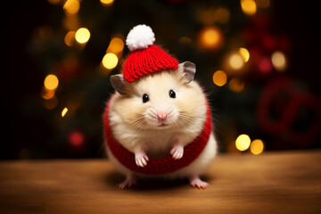 Happy hamster in hat on bokeh background