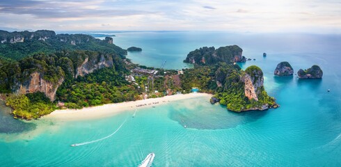 Panoramic aerial view of the popular Railay Beach, surrounded by lush rain forest at the Krabi region, Thailand