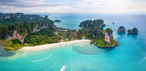 Tuinposter Railay Beach, Krabi, Thailand Panoramic aerial view of the popular Railay Beach, surrounded by lush rain forest at the Krabi region, Thailand