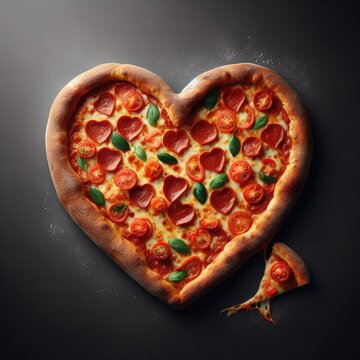 heart pizza with salami and tomatoes 