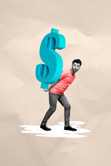Vertical collage picture of impressed mini black white colors guy arms hold big dollar money symbol isolated on beige paper background - obrazy, fototapety, plakaty