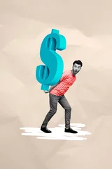  Vertical collage picture of impressed mini black white colors guy arms hold big dollar money symbol isolated on beige paper background © deagreez