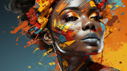 Colorful woman afro girl portrait body paint on face creative makeup Black History Month