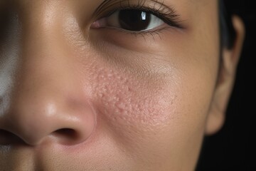 Woman with atopic eczema, close-up on cheek face, skin problem	
 - obrazy, fototapety, plakaty