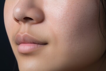 Woman with atopic eczema, close-up on cheek face, skin problem	
