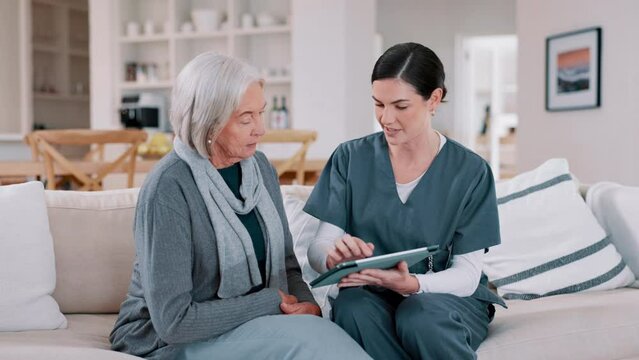 Elderly woman, home nurse and tablet for healthcare advice, talking of insurance and planning medical care on sofa. Retirement help, ADN worker or caregiver with senior patient on digital technology